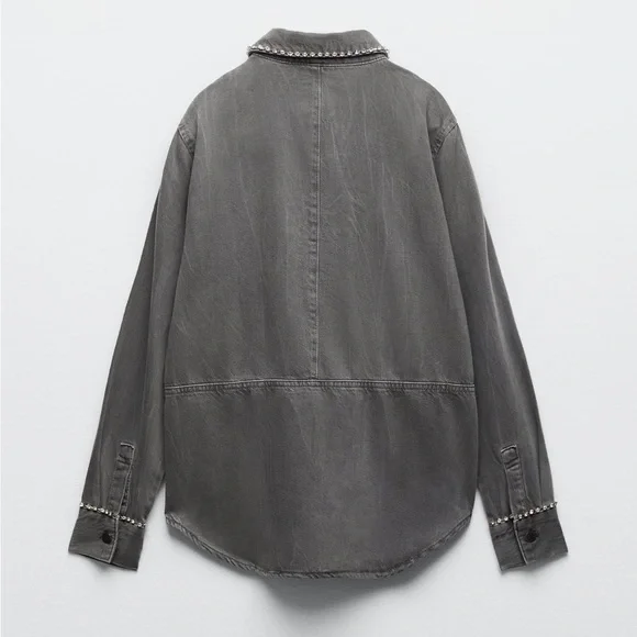 Women Zara Rhinestone Denim Overshirt Size XS - Picture 8 of 11